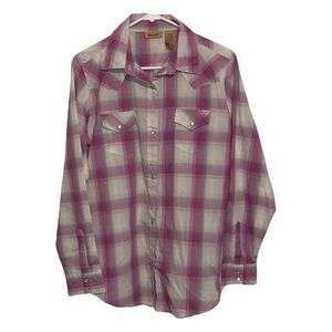 Pink Plaid wrangler Western wear women’s pearl snap button up shirt size large
